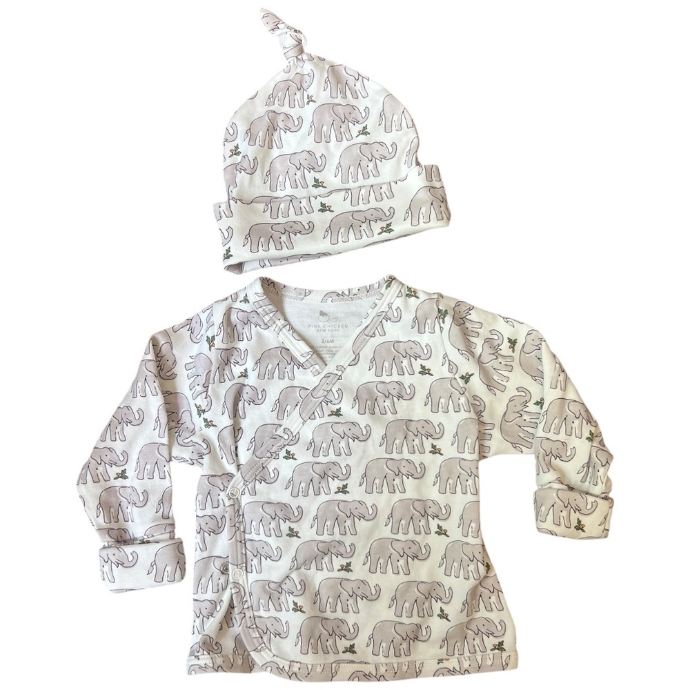 Pink Chicken Elephant Infant Set (Top & Hat) 3-6 M Pima Cotton